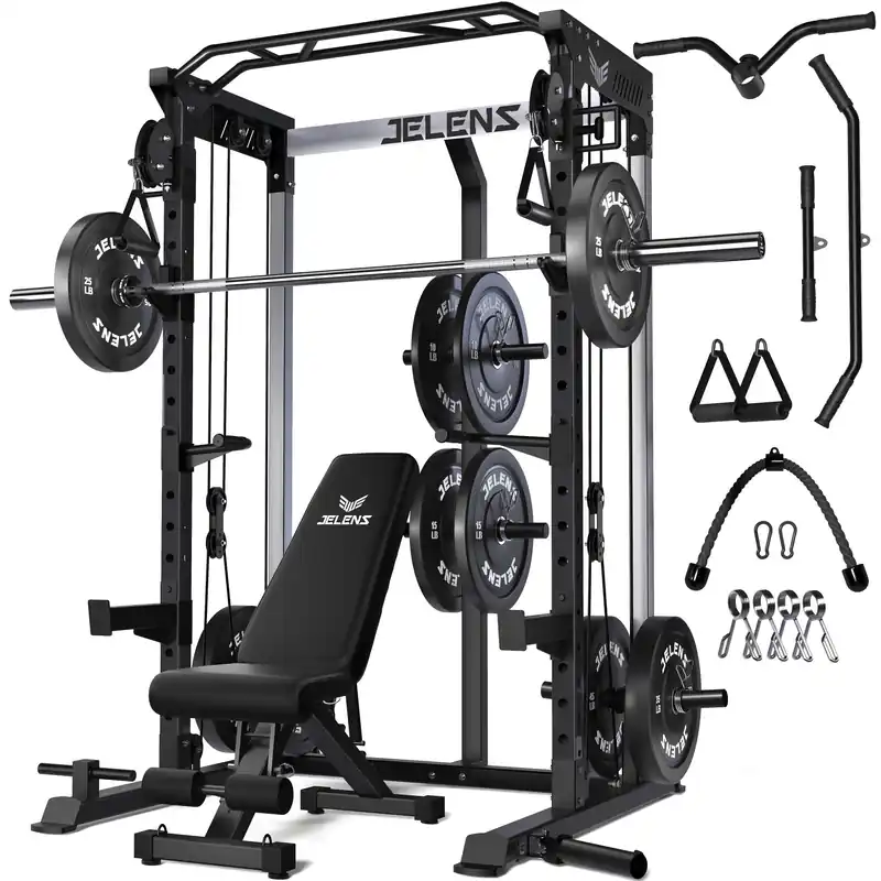JELENS C21 Power Cage, 2000LBS Multi-Function Power Rack with Independent Dual Pulley System, All-in-One Squat Rack for Cable Crossover, Home Gym Workout Machine (Black, 260LBS Black)