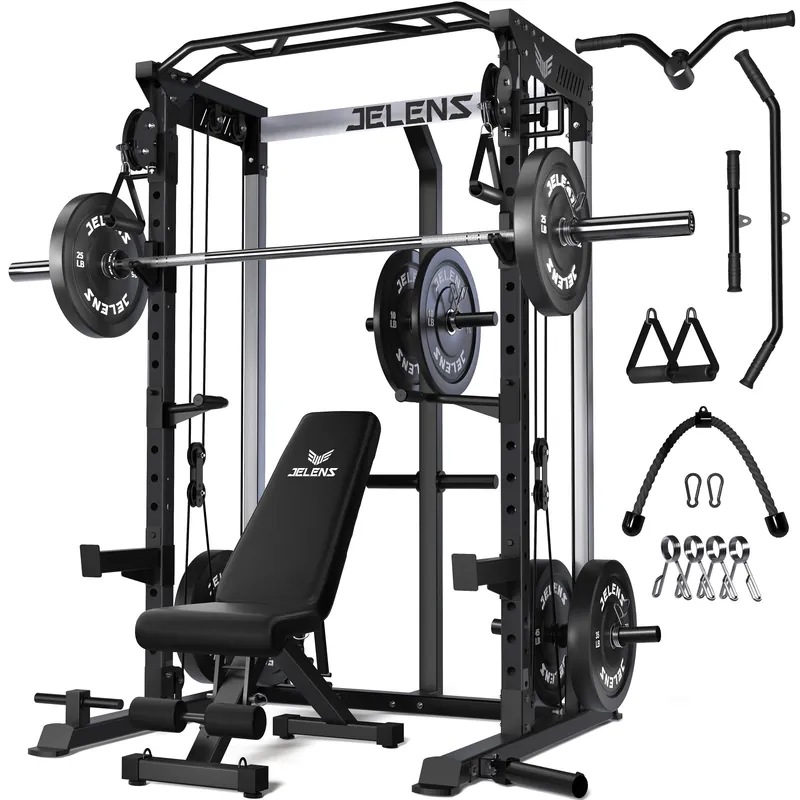 JELENS C21 Power Cage, 2000LBS Multi-Function Power Rack with Independent Dual Pulley System, All-in-One Squat Rack for Cable Crossover, Home Gym Workout Machine (Black, 230LBS Black Weights Package)