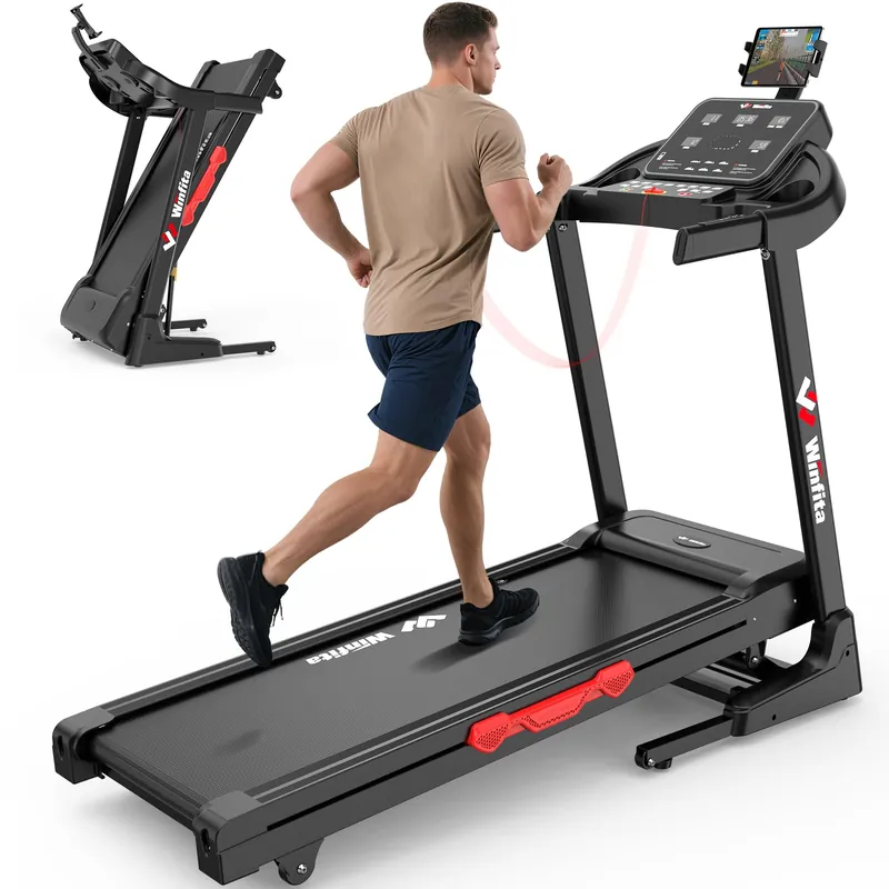 Winfita Treadmill with 12% Auto Incline, 3.5HP Folding Treadmills for Home with 300 LBS Capacity, 8MPH Speed, 17‘‘ Wide Belt, App, 64 Programs, Heart Rate, USB Charging Port, BMI Detector
