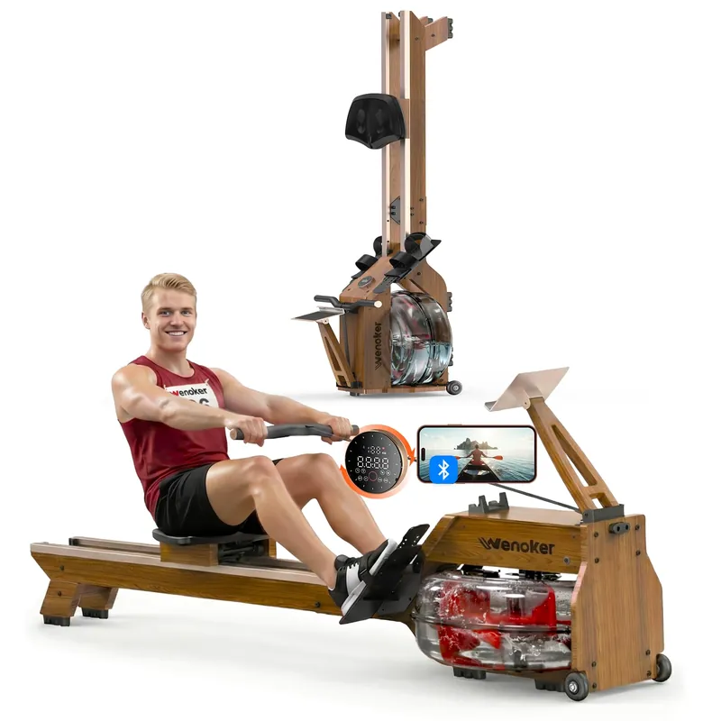Water Rowing Machines for Home Use, WENOKER Rower Machine with Smart Electronic Knob,Wooden Row Machine with Comfortable Seat& LCD Monitor, Bluetooth App Compatible for Home Gym Exercise 400 LBS