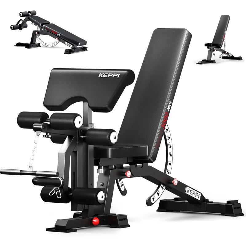 Keppi Fitness Weight Bench, 1200LBS Workout Bench with Leg Extension/Curl and Preacher Curl Attachment, Flat Incline Decline Weight Bench for Home Gym - Bench3000 Max