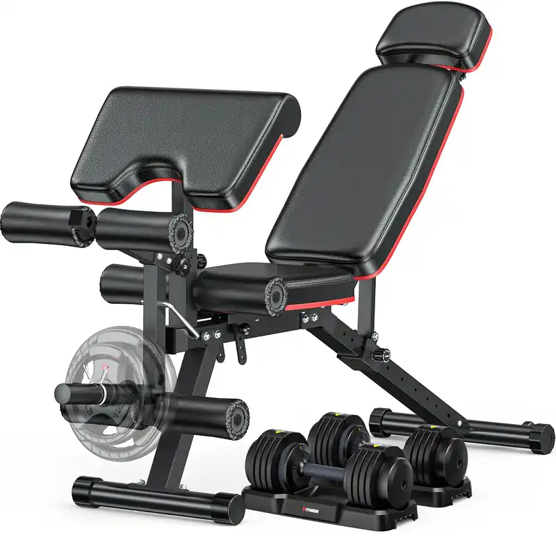 XDDIAS Workout Bench, Adjustable Weight Bench with Leg Extension and Leg Curl, Extended Headrest, 900LBS Preacher Curl Bench Incline Decline Flat Workout Bench with A Pair of 55LB Adjustable Dumbbells