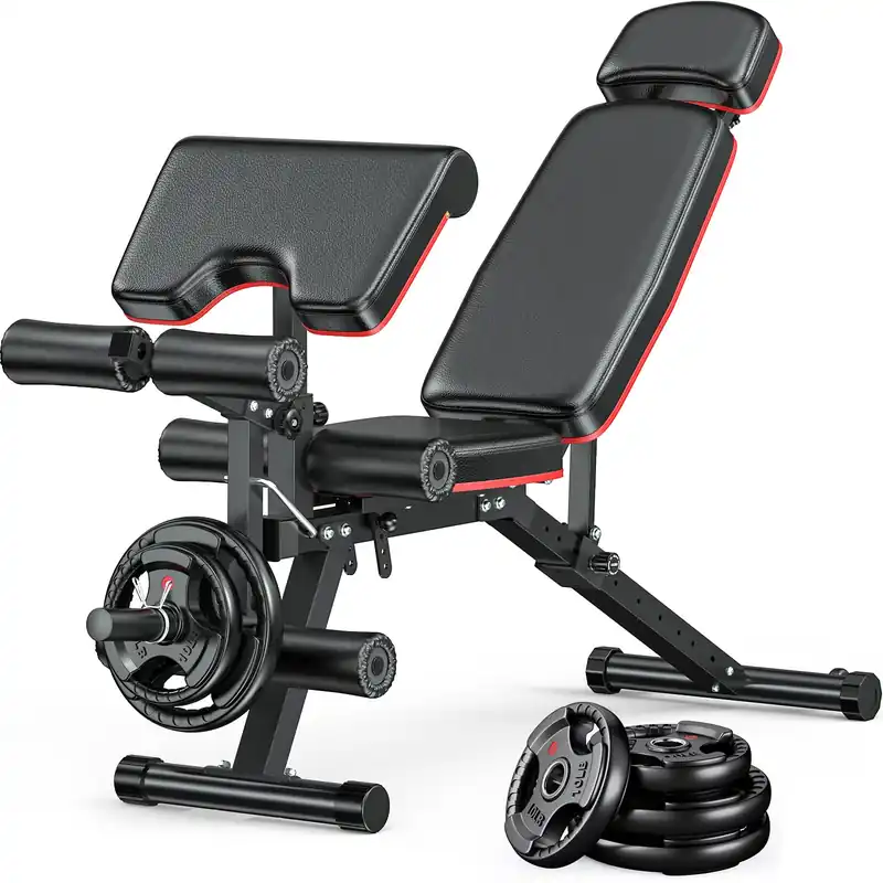 XDDIAS Workout Bench, Adjustable Weight Bench with Leg Extension and Leg Curl, Extended Headrest, 900LBS Preacher Curl Bench, Included 2 * 10LBS+2 * 25LBS Weight Plates
