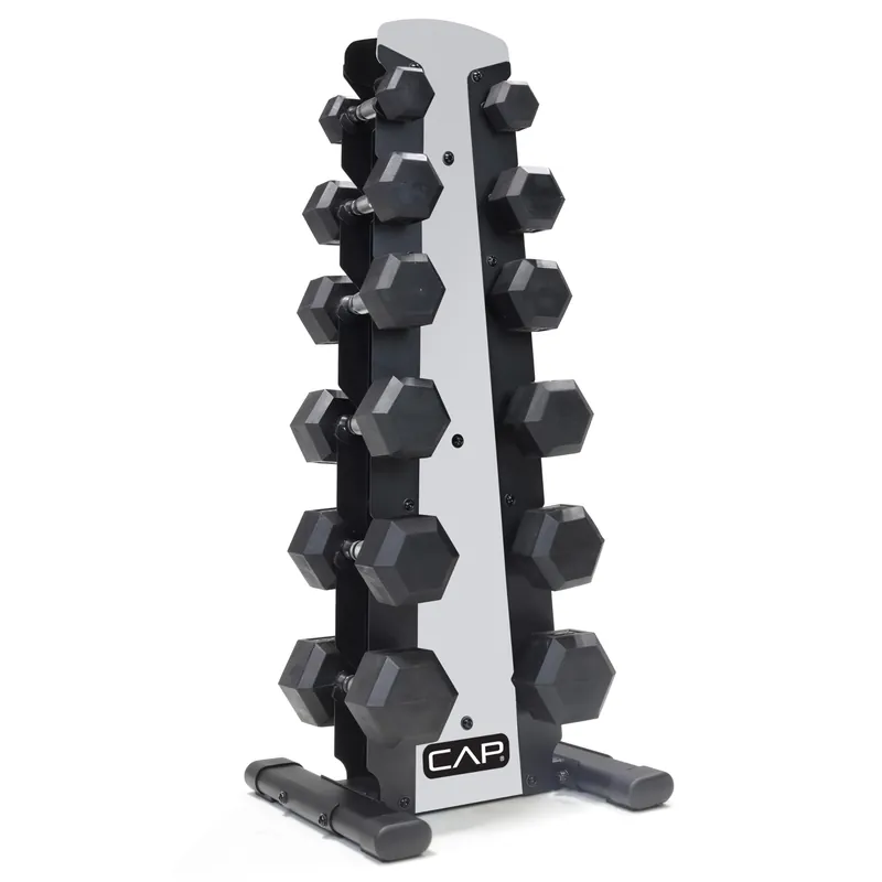 CAP 210 lb Rubber Coated Hex Dumbbell Set with Vertical Rack, Space-Saving Storage for Home Gym Strength Training, Chrome Handle, Silver Rack