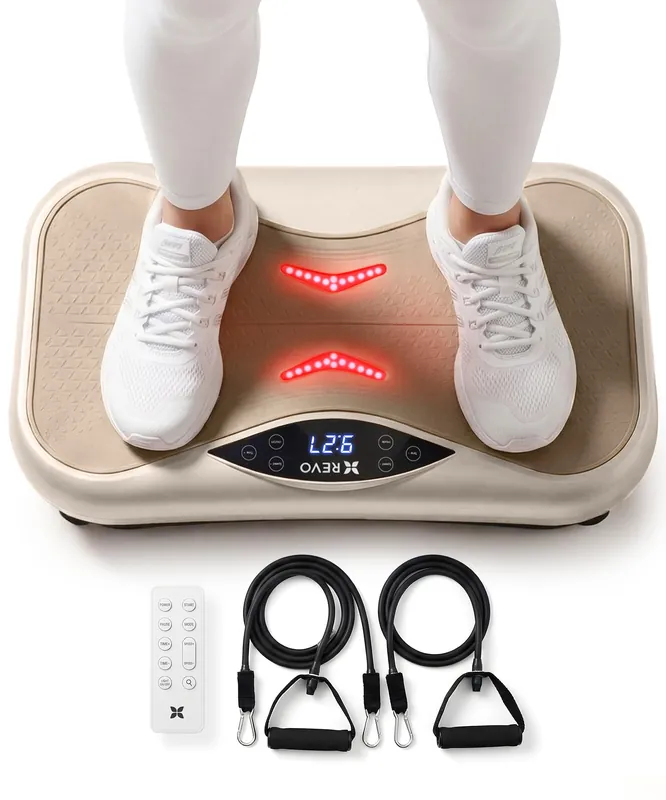 REVO Wave Board with Red Light Therapy Vibration Plate for Lymphatic Drainage with Bluetooth Speakers, Resistance Bands, Remote Exercise Machine for Full Body Workout Platform 330 Lbs Capacity