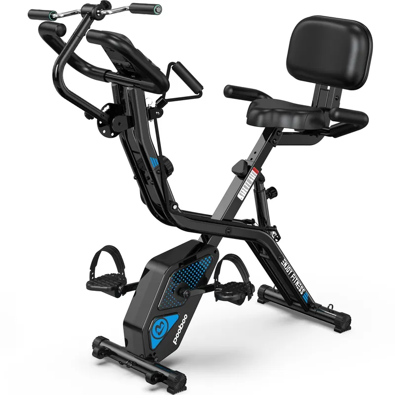 pooboo Folding Exercise Bike with Hand Crank, Multifunctional Stationary Bike for Home, Upright Indoor Cycling Bike with 8-Level Magnetic Resistance, Arm Resistance Bands, Pulse Sensor & Back Support Cushion