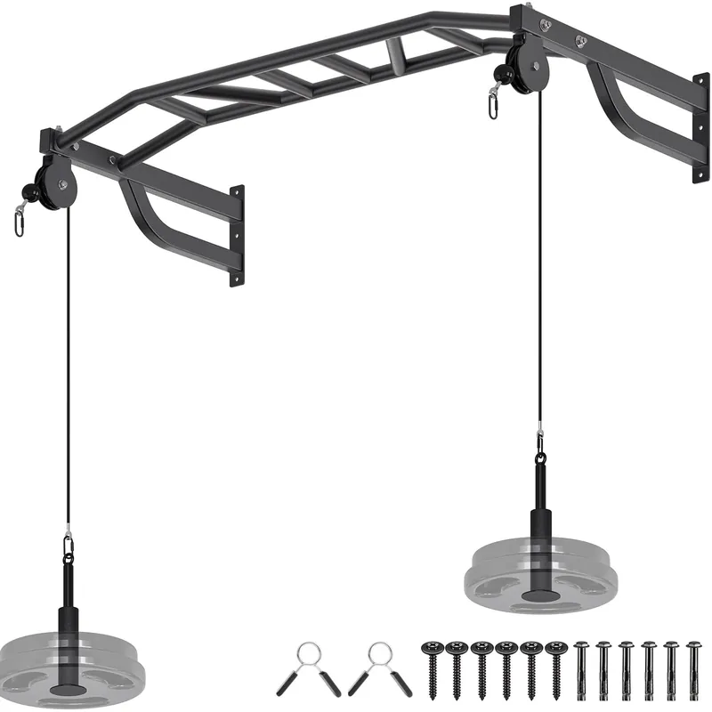 SELEWARE 48" Wall Mount Pull Up Bar with Pulley System, Heavy Duty Multi-Grip Chin Up Bar for Home Gym, 500 lbs Capacity, Fits 16" & 24" Wood Studs, Upper Body Workout Equipment for Strength Training
