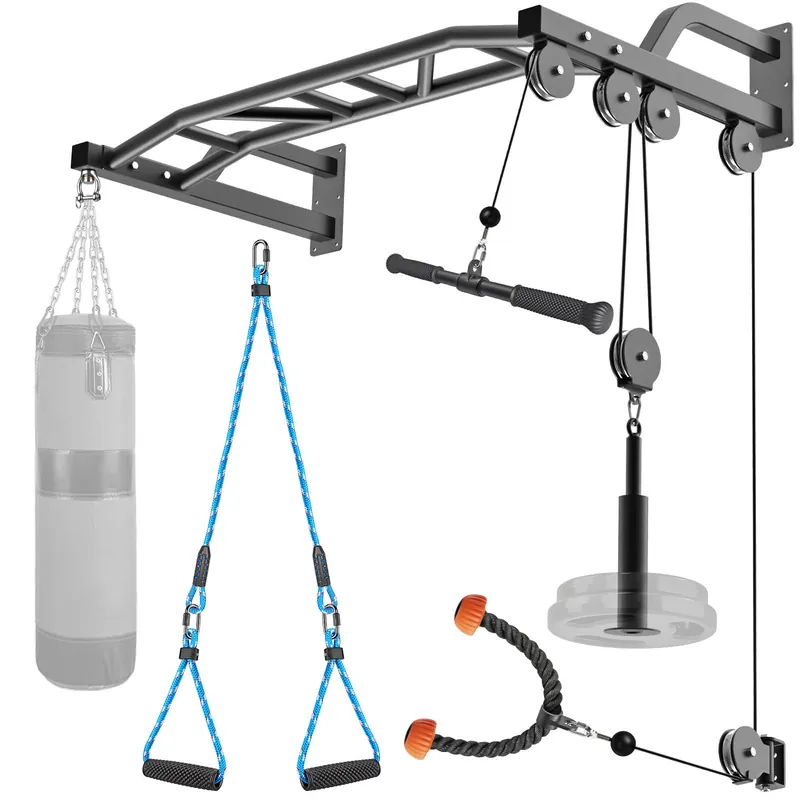 SELEWARE 48‘‘ Heavy Duty Pull Up Bar Wall Mount Multi-function Chin up Bar with Home Gym Cable Pulley System LAT Pulldown Workout Attachments Heavy Bag Hanger