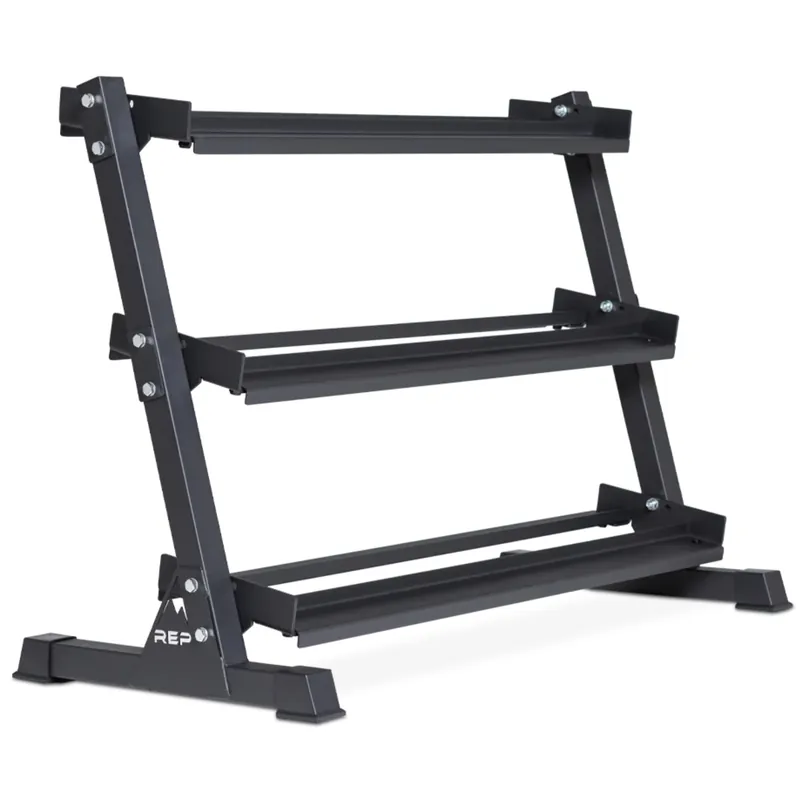 Rep Fitness Dumbbell Rack 3-Tier Compact Holder Fits Sets 5-50 lb Weight Storage Stand Rubber Hex Organizer Free Weights Shelf Heavy Duty Steel Frame Gym Equipment for Home (Matte Black)