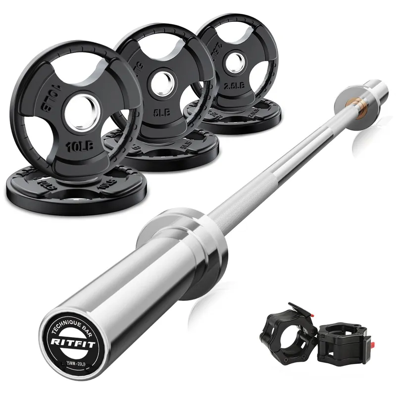 RitFit Barbell Weight Set - 4/6FT Olympic Barbell with Weight Plates (55-115LB Total) - Weightlifting Equipment for Squats, Curls, Deadlifts, Presses, Hip Thrusts 4FT Silver Bar with 35LB Plates