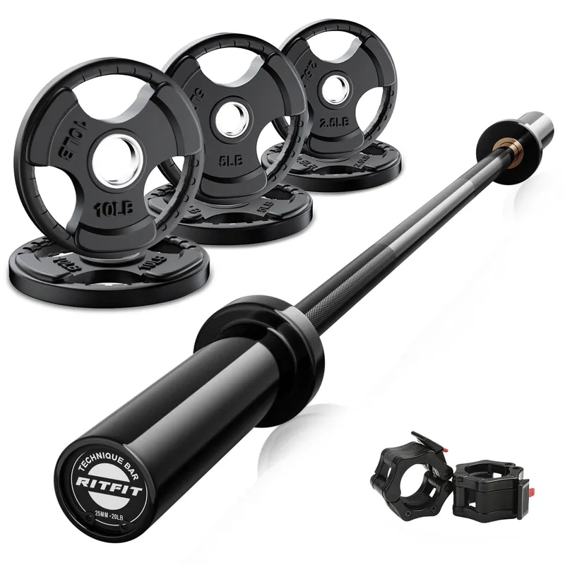 RitFit Barbell Weight Set - 4/6FT Olympic Barbell with Weight Plates (55-115LB Total) - Weightlifting Equipment for Squats, Curls, Deadlifts, Presses, Hip Thrusts 4FT Black Bar with 55LB Plates