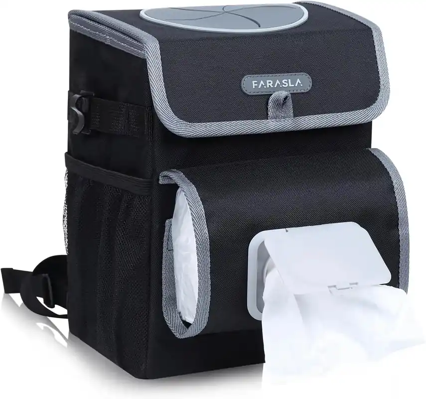 Leakproof Car Trash Can with Adjustable Tissue Holder & Straps, All-in-One Garbage Bag