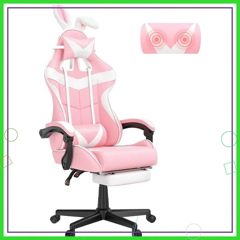 Pink Gaming Chair with Footrest, Bunny Ears, Ergonomic Design for Girls, Women