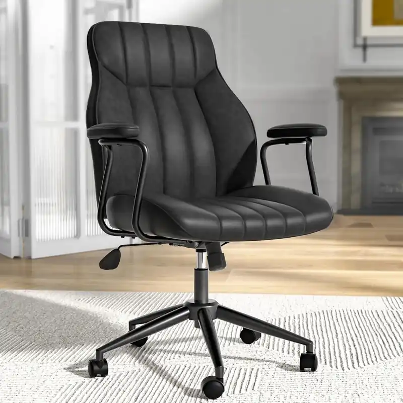 Black Leather Office Desk Chair with Wheels and Arms, Height Adjustable,
