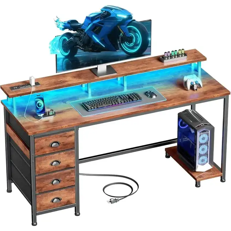 55 Inch Computer Desk Gaming with 4 Fabric Drawers Power Outlets and LED Lights for Home