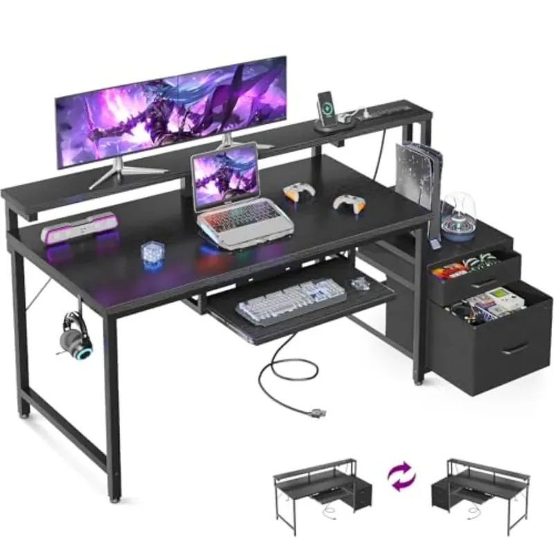 Computer Desk with Drawers 55" Office Desk with Keyboard Tray and Power Outlet Reversible Study Work Desk with Printer Space an