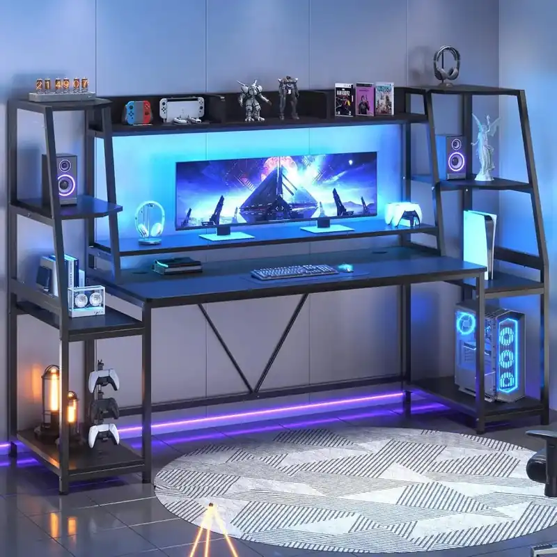 Gaming Desk 78.8‘‘ with LED Lights, Hutch and Storage Shelves, Computer Desk with Monitor Stand,