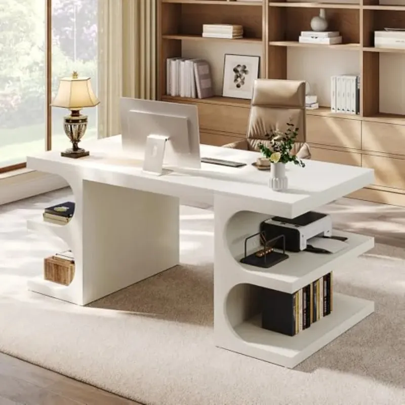 White Modern Wood Executive Office Desk 63 Computer Desk with Storage Shelves for Home Office