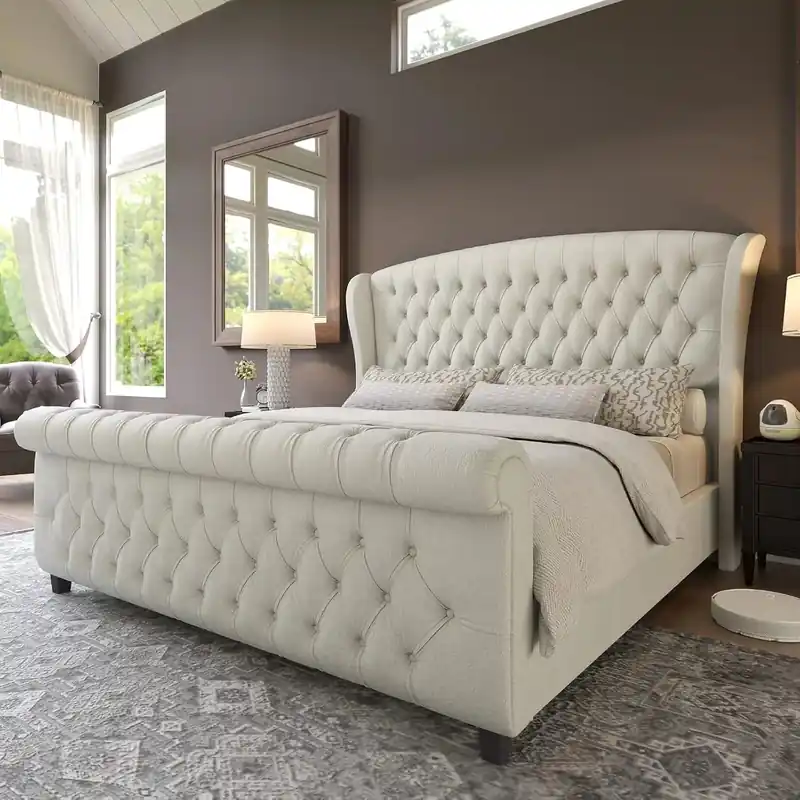 Queen Size Platform Bed Frame with Scroll Wingback Headboard/Footboard