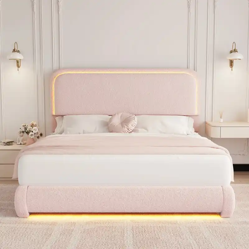 Full Size LED Bed Frame with Storage Drawers, Rounded Headboard