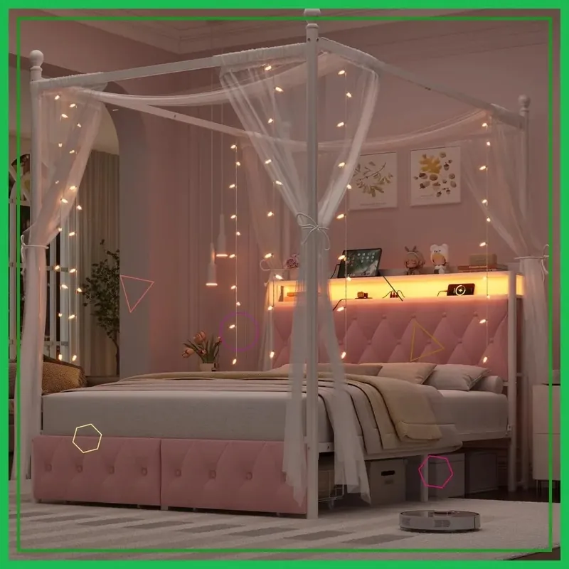 Full Size LED Canopy Bed Frame with Storage & Charging Station