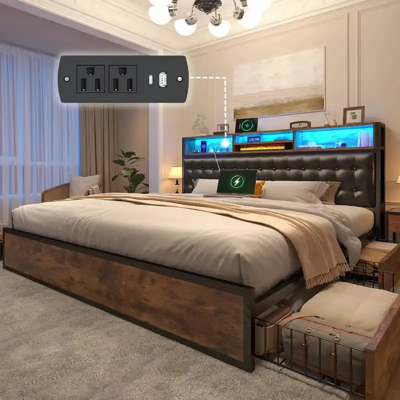 King Size Bed Frame Built in Charging Station & LED, Leather Upholstered