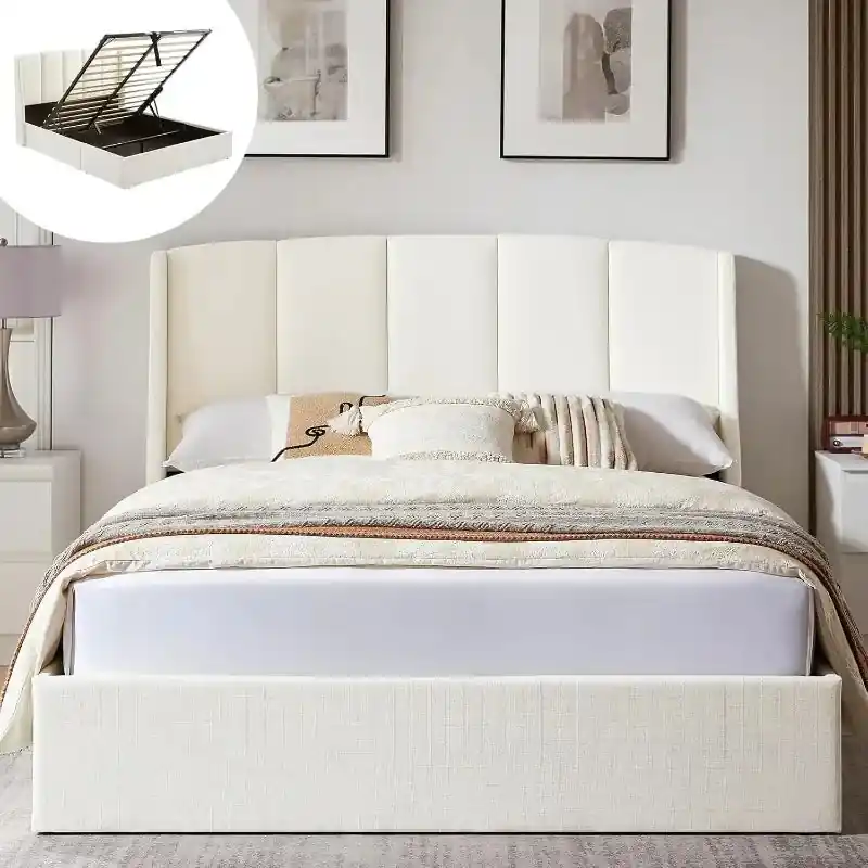 VELOCAVA Full Size Lift Up Storage Bed with Modern Wingback Headboard