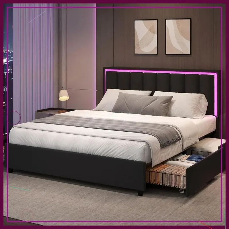 Queen Bed Frame with 4 Drawers, Faux Leather Upholstered, LED Lights