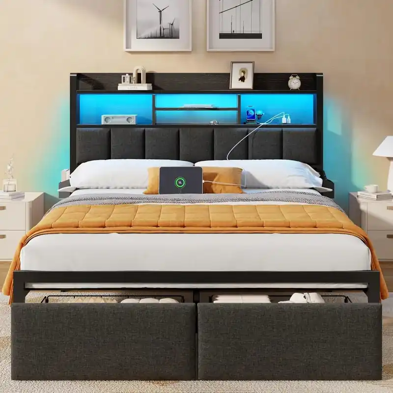Full Upholstered Storage Bed Frame with LED Lights Charging Station