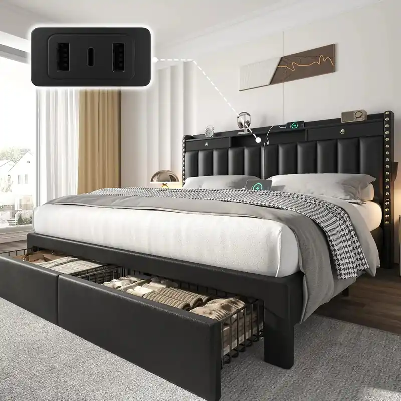 Queen Bed Frame with Headboard & 4 Storage Drawers, Velvet Upholstered