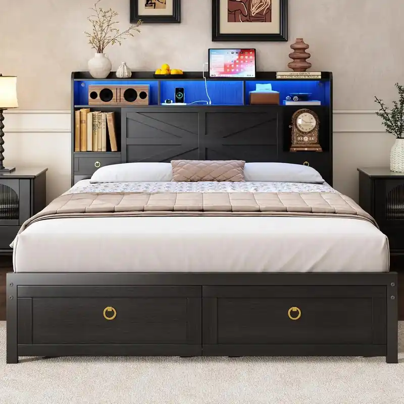 Full Bed Frame With Storage Headboard, Farmhouse Wood Bed Frame Full Size With 4 Drawers
