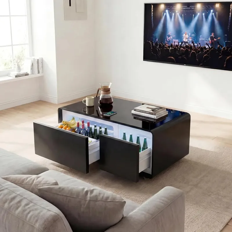 Smart Coffee Table with Built-in Fridge 15W Wireless Charging USB Ports