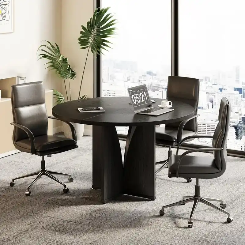39 Small Round Conference Table with X-Base for Tight Spaces, Sleek Black