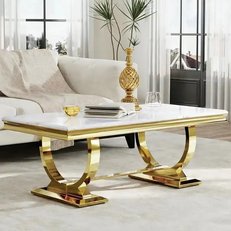 Elegant Gold and White Marble Coffee Table for Living Room and Foyer