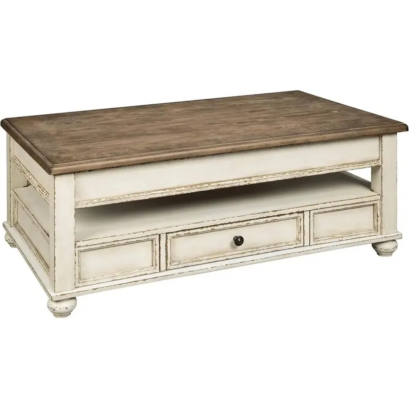 Vintage Inspired Rectangular Lift Top Coffee Table w/ Storage, White&Brown