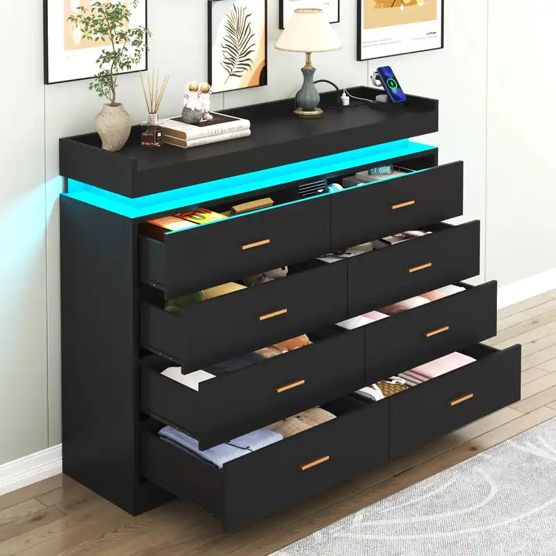 8 Drawer Dresser with LED Light, Modern Chest of Drawers for Closet, 47"