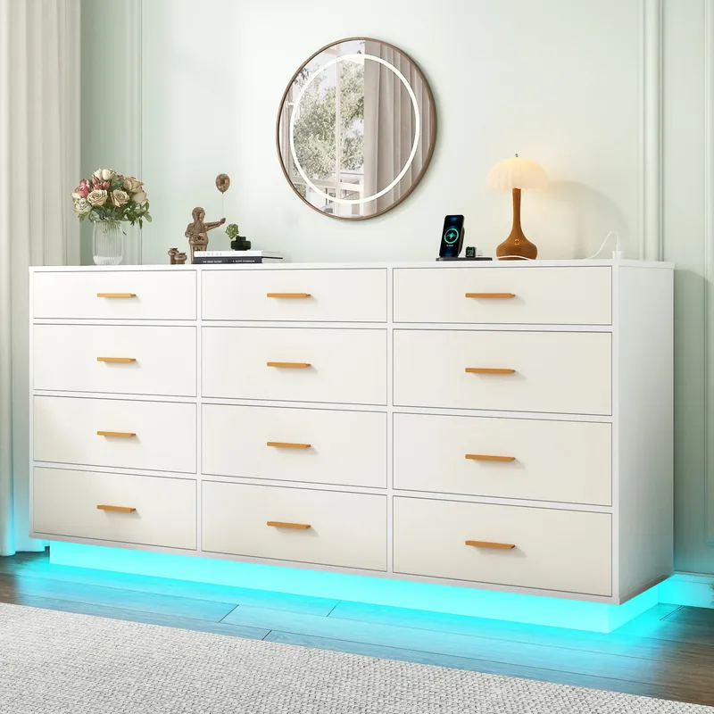 12 Drawer Dresser for Bedroom, 63‘with Power Outlets & LED Lights
