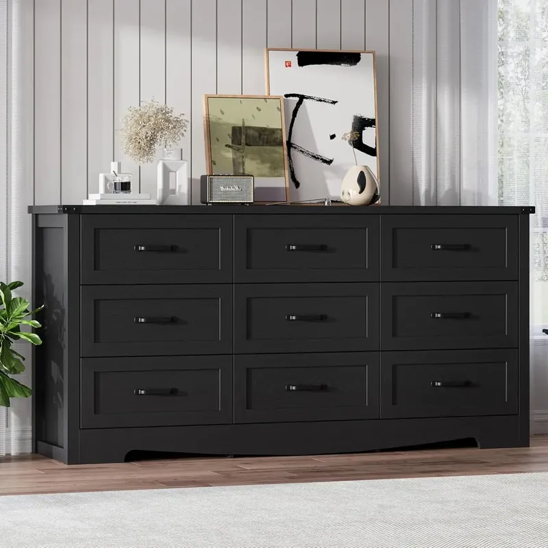 Black Dresser for Bedroom, 59‘‘ Wide Chest of Drawers with Natural Wood
