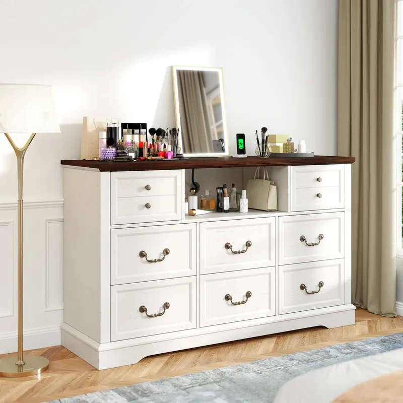 EnHomee 55" Wide 8-Drawer Dresser w/ Built-in Power Strip&RGB LED Lights
