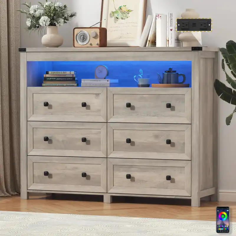 6 Drawer Dresser with Lights and Open Space for Bedroom, Wood Dressers
