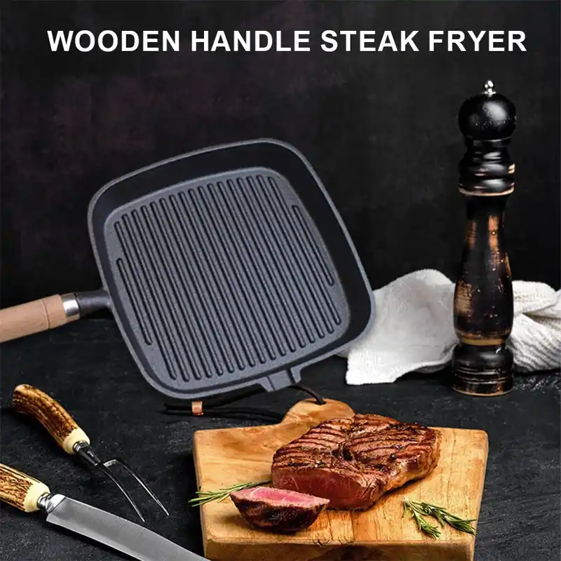 Cast Iron Skillet Frying Pan with Wooden Handle Uncoated Non-stick Cooking Pot