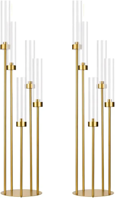 2PCS Gold Floor Candelabra 5 Arm Floor Candle Holder w/ Acrylic Lampshade