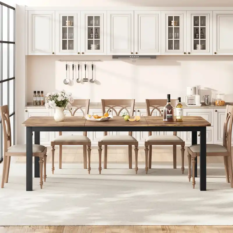 Retro Brown Industrial Dining Table for 6~8 People, 78.7" Long Kitchen Table, Wood Dining Table