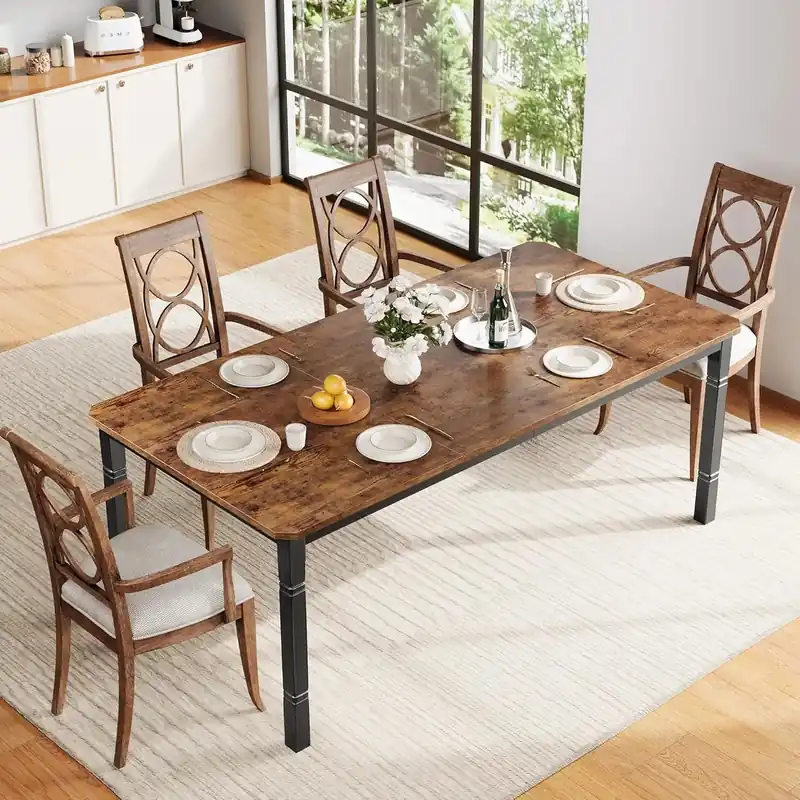 78.7" Farmhouse Dining Table for 6-8 People - Rustic Industrial Kitchen Table with Sturdy Metal Frame
