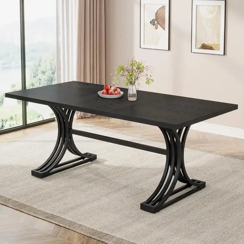 63-Inch Rectangular Dining Table for 4 to 6, Modern Kitchen Table with Stylish Metal Trestle Legs, Large