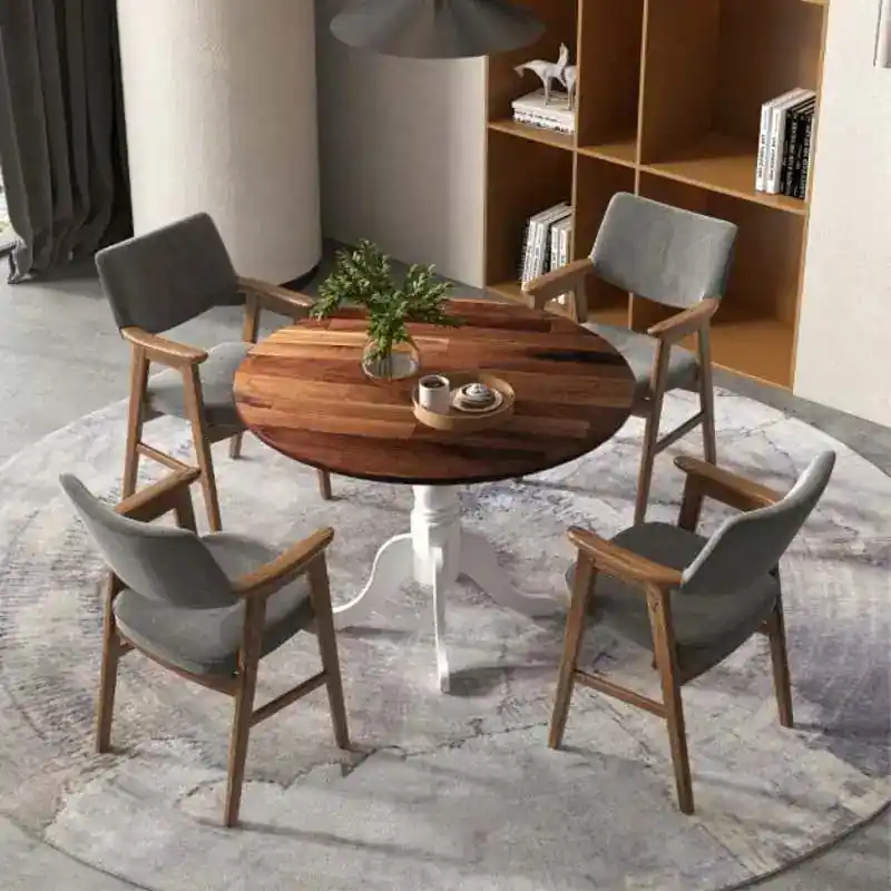 Wooden Dining Table with Round Tabletop and Curved Trestle Legs-Walnut & White