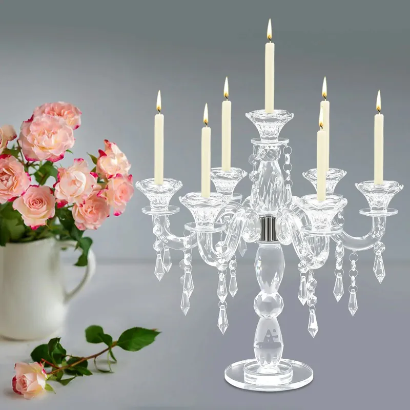 Crystal Candle Holder, 7-Arm 14 Inch Crystal Taper Candlestick Candelabra