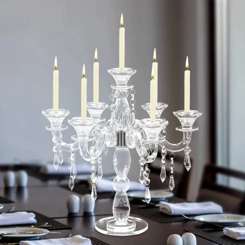 Crystal Candelabra, 7Arm Candlestick Holders Centerpiece, Wedding Party