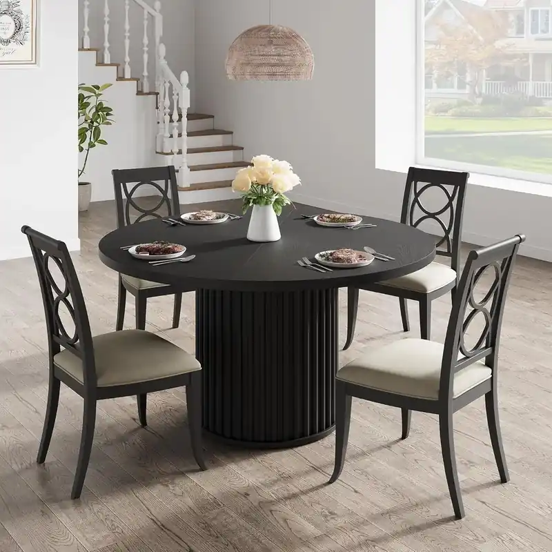 47" Round Dining Table for 4-6 Industrial Kitchen Table with Sturdy Waveform Metal Pedestal Base for Dining Room and Kitchen