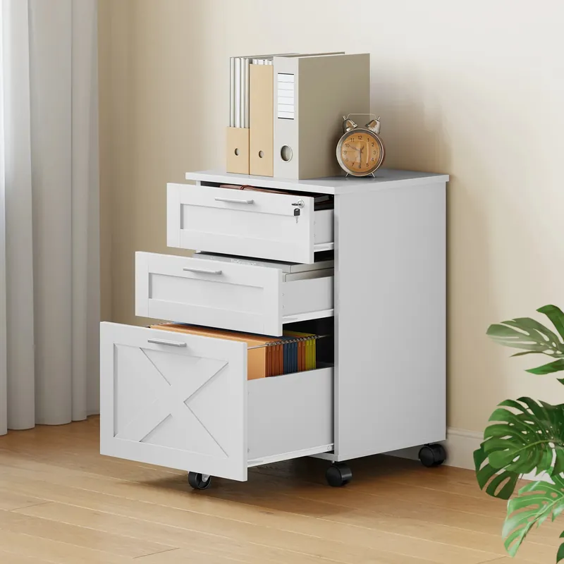 3 Drawer Rolling File Cabinet with Lock & Casters, Wooden Mobile Storage Organizer Printer Stand